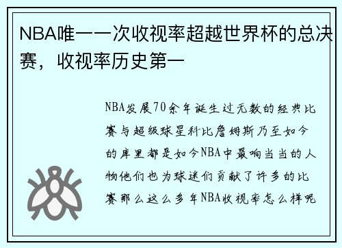 NBA唯一一次收视率超越世界杯的总决赛，收视率历史第一